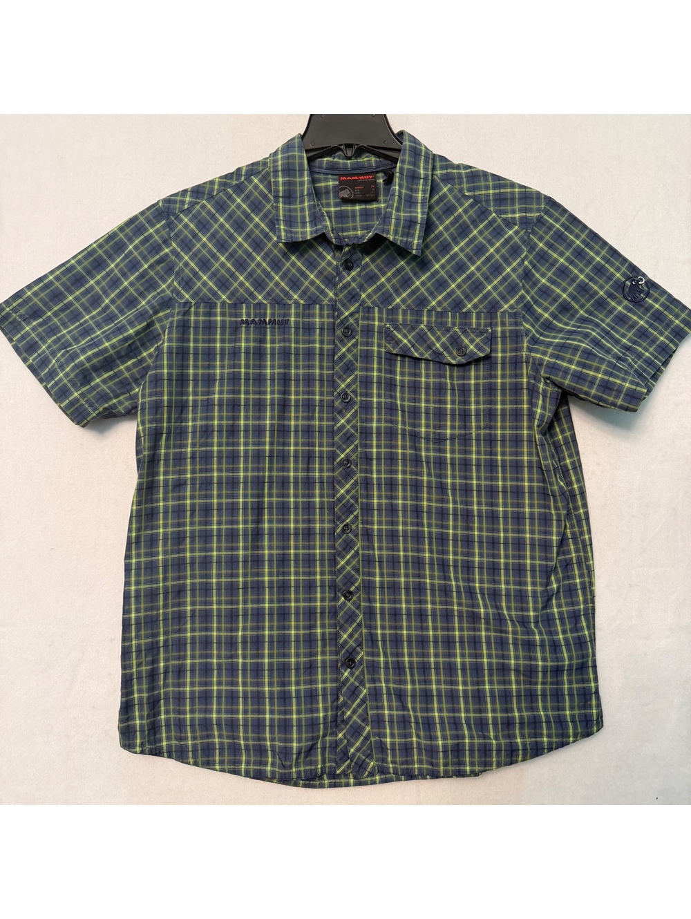 Mammut Men's XL Asko Short Sleeve Plaid Button Down Shirt Blue Green Pocket